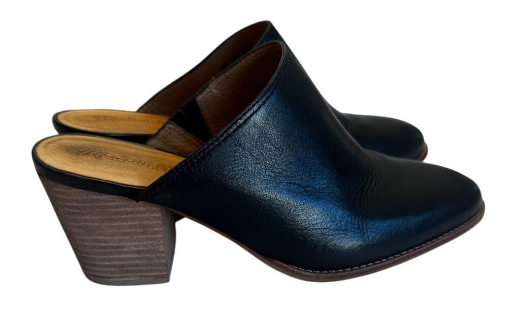 Madewell Black Leather Mule Clogs Stacked Block Heel Slides Size 9.5 Women's
